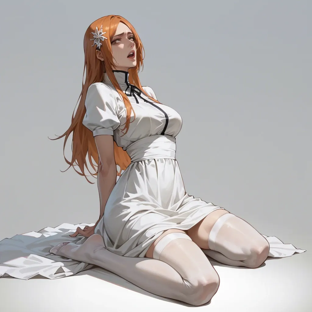 1girl, solo, (Character Orihime inoue from bleach), perfect face, fear, in a white dress, white stockings, (kneeling), hands behind your back