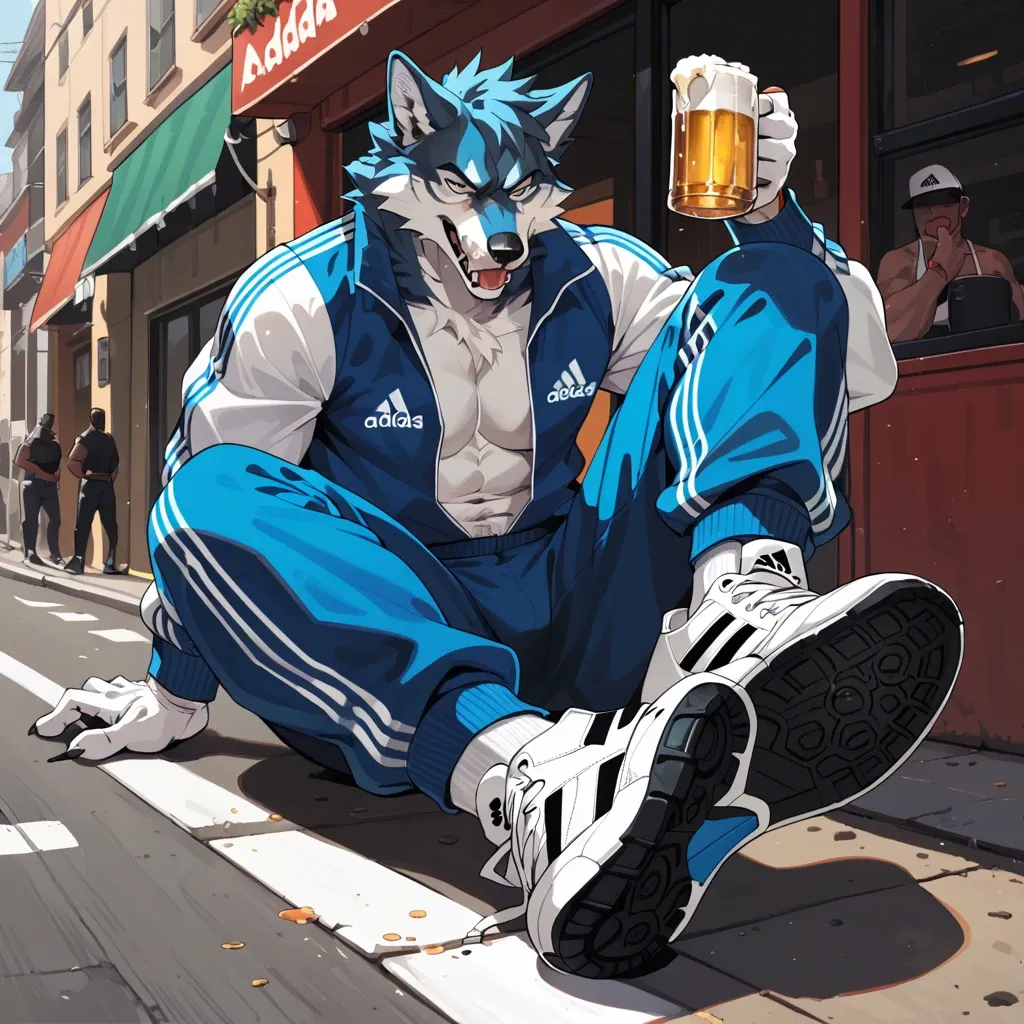 Furry, anthro, full body, Wolf, adidas costume, beer, in the street, foot focus, foot fetish