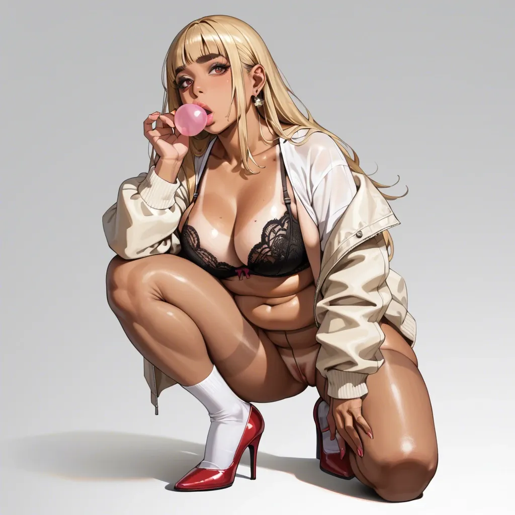 Character chichi,blonde long hair,straight bangs,beige pantyhose,tan lines,open jacket,blows gum,white socks,socks, plump lips,large thick eyebrows,black lace bra,shaped jewelry,loose bra,high heels,stiletto heels,freckle,huge boobs, hands on hips,shoulder,1girl,solo