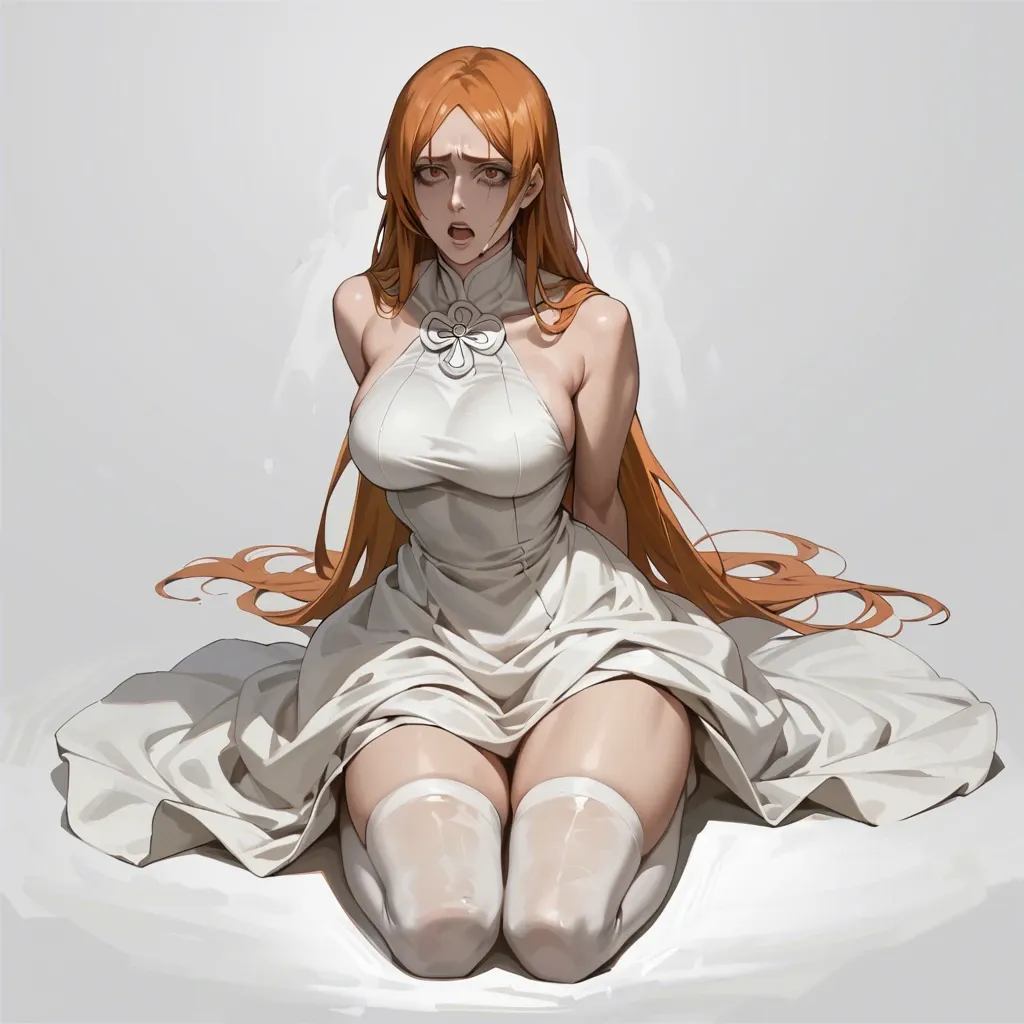 1girl, solo, (Character Orihime inoue from bleach), perfect face, perfect eyes, fear, in a white dress, white stockings, (kneeling), hands behind your back