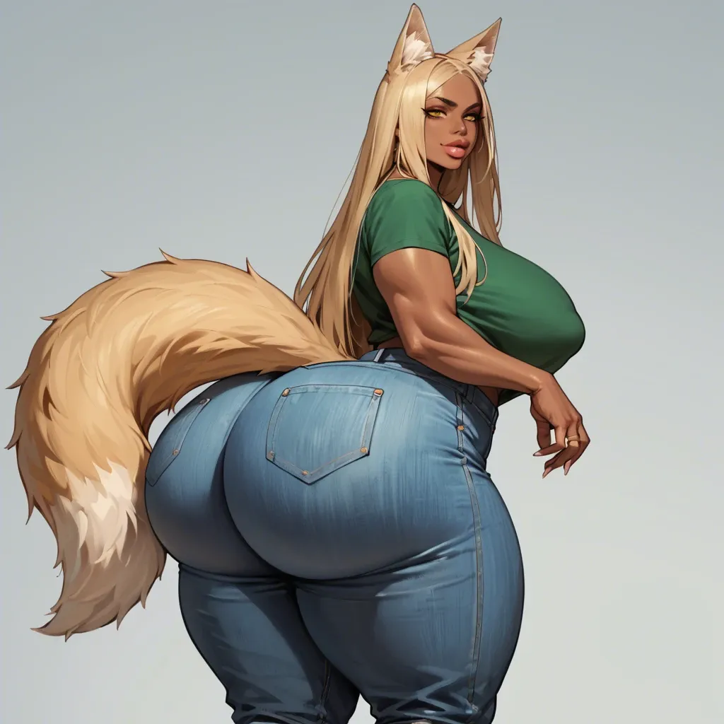 Girl 20 years old, nigerian race, very dark skin, Green t-shirt, jeans, yellow eyes, long blond hair, gigantic ass, gigantic hips, gigantic lips, gigantic tits, fox tail, fox ears , seductive smile face, fuck on a huge dick