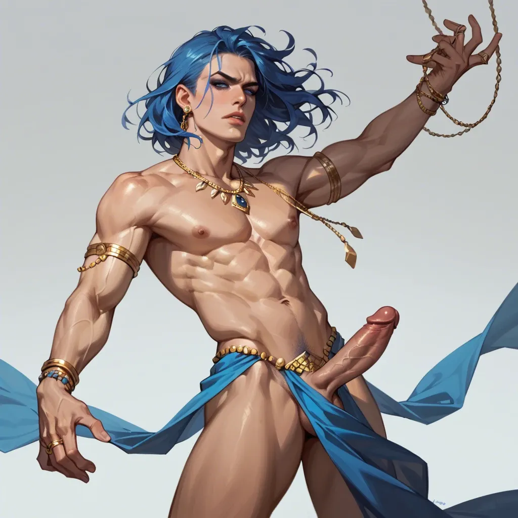 guy, man, long blue hair, naked, makeup, athletic, body jewelry, necklace, belly dancing, erect penis