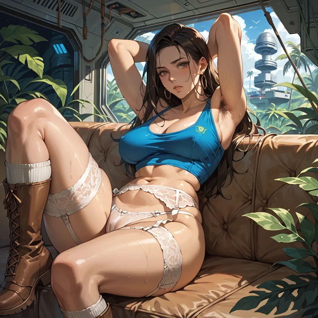 2girl, , , , rosy cheeks,hairy armpits,perky breast,wide hips,knee, blue shirt,socks,garter belt,swimsuit,brown boots, bare navel, brazil jungle, spaceship, couch, anime style, late night, lara croft, rapunzel