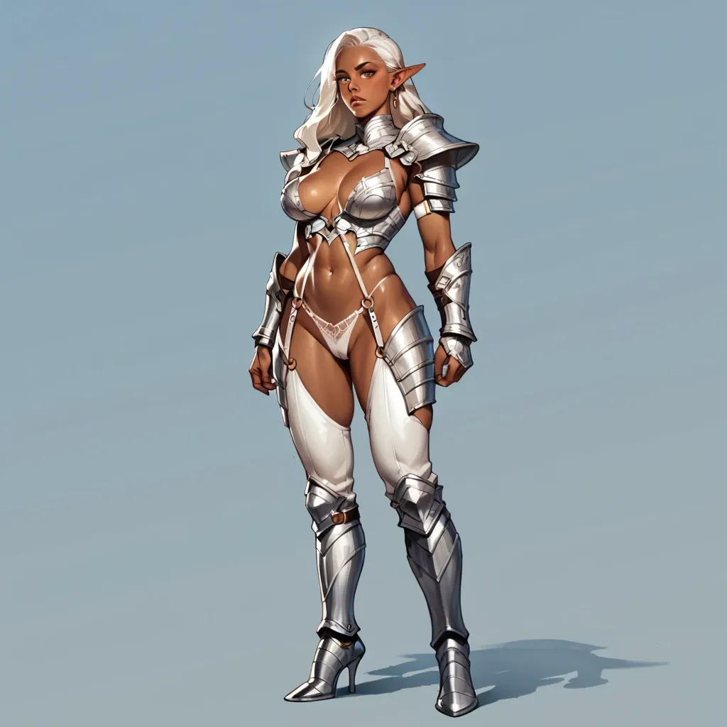 Dark elf girl, beautiful, dark skin, skin, white long hair, big eyes, full height, big boobs, leather armor.