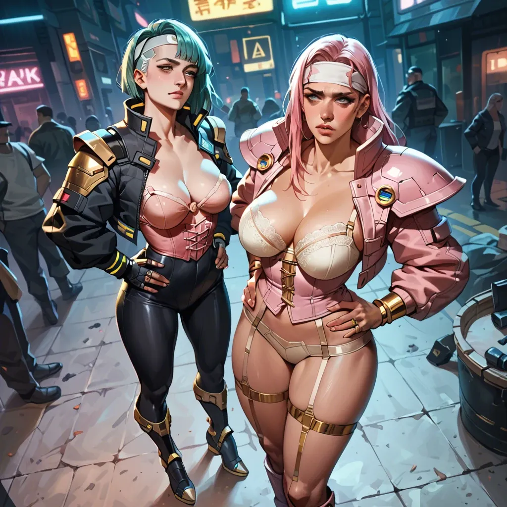 2girl, , , , cheek,hands on hips,round breasts,hips grab,shoulder pads, open jacket,gold anklets,headband,beige bra,boots, cropped jacket,tights,rings,pink corset,armored boots, bedroom eyes, cyberpunk, close camera, grabbing dildo, jasmine, ariel waifu, naked