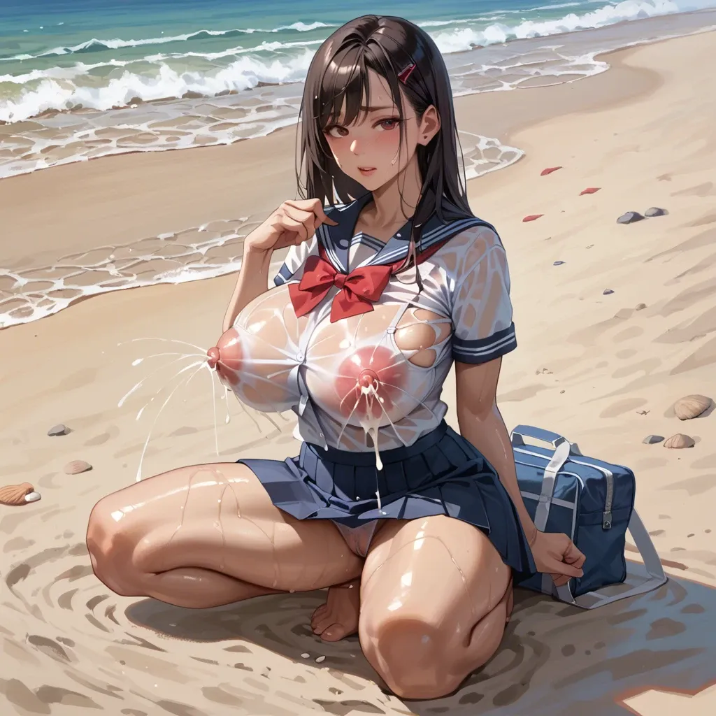 Marin kitagawa, full body, beach,see through white school uniform, cute underwear, leaking, huge tits covered, lactating through shirt, big areola, big nipples, teasing face, hands inside underwear, wet, oiled body, shiny, tounge out, saliva dripping, blushing, thick thighs, big ass