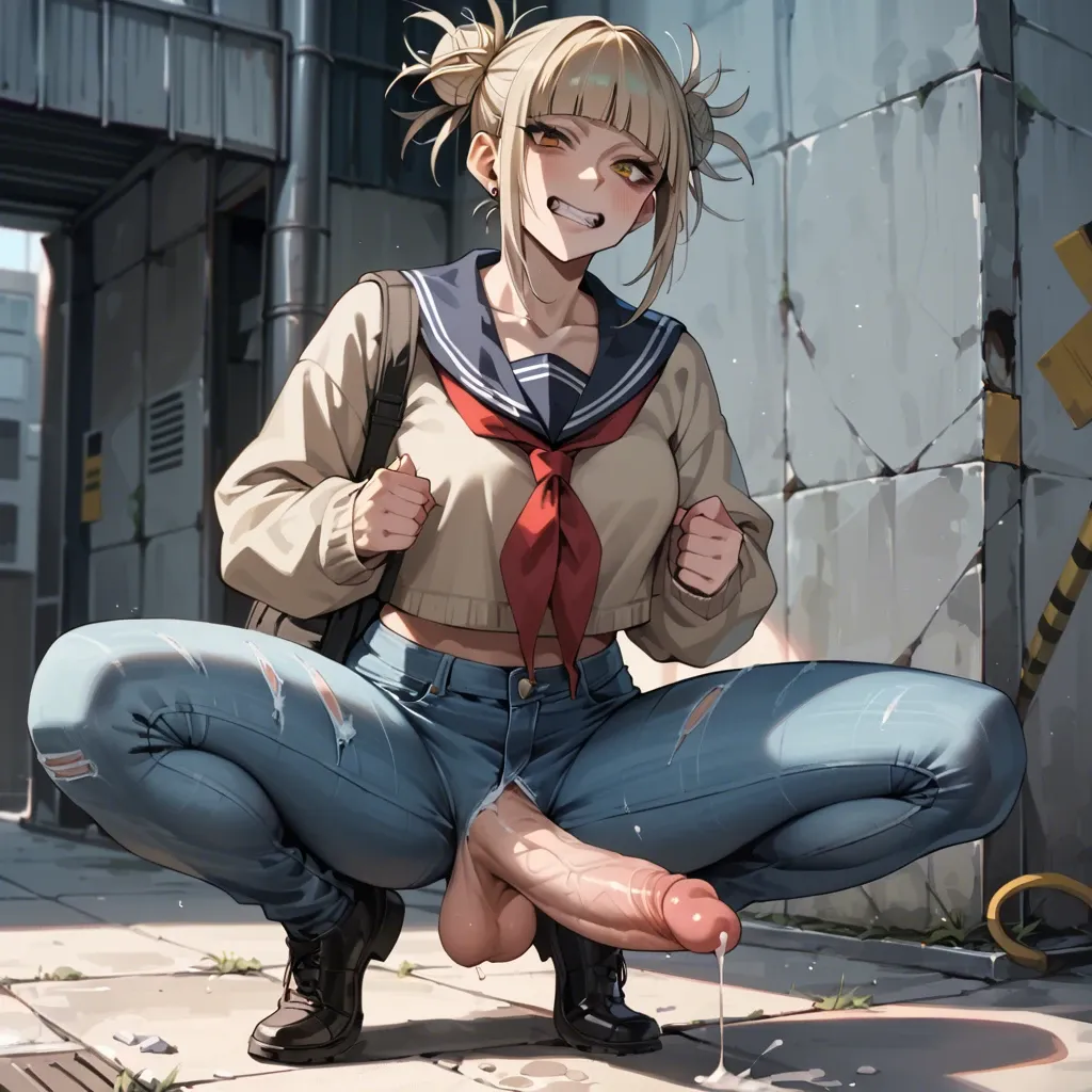 Futanari, himiko toga, tight jeans, large penis, squatting