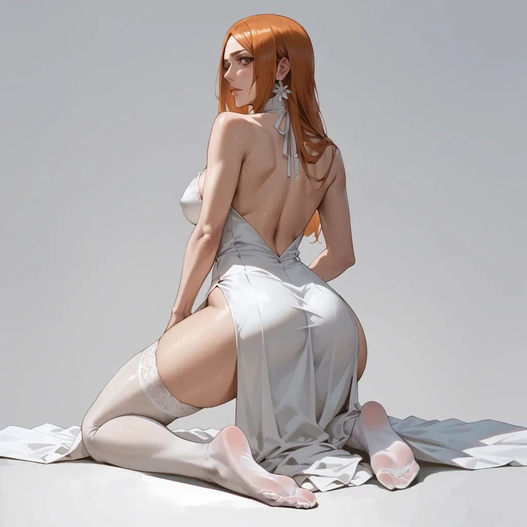 1girl, solo, (Character Orihime inoue from bleach), perfect face, perfect eyes, in a white dress, white stockings, feet (kneeling), hands behind your back, rear view