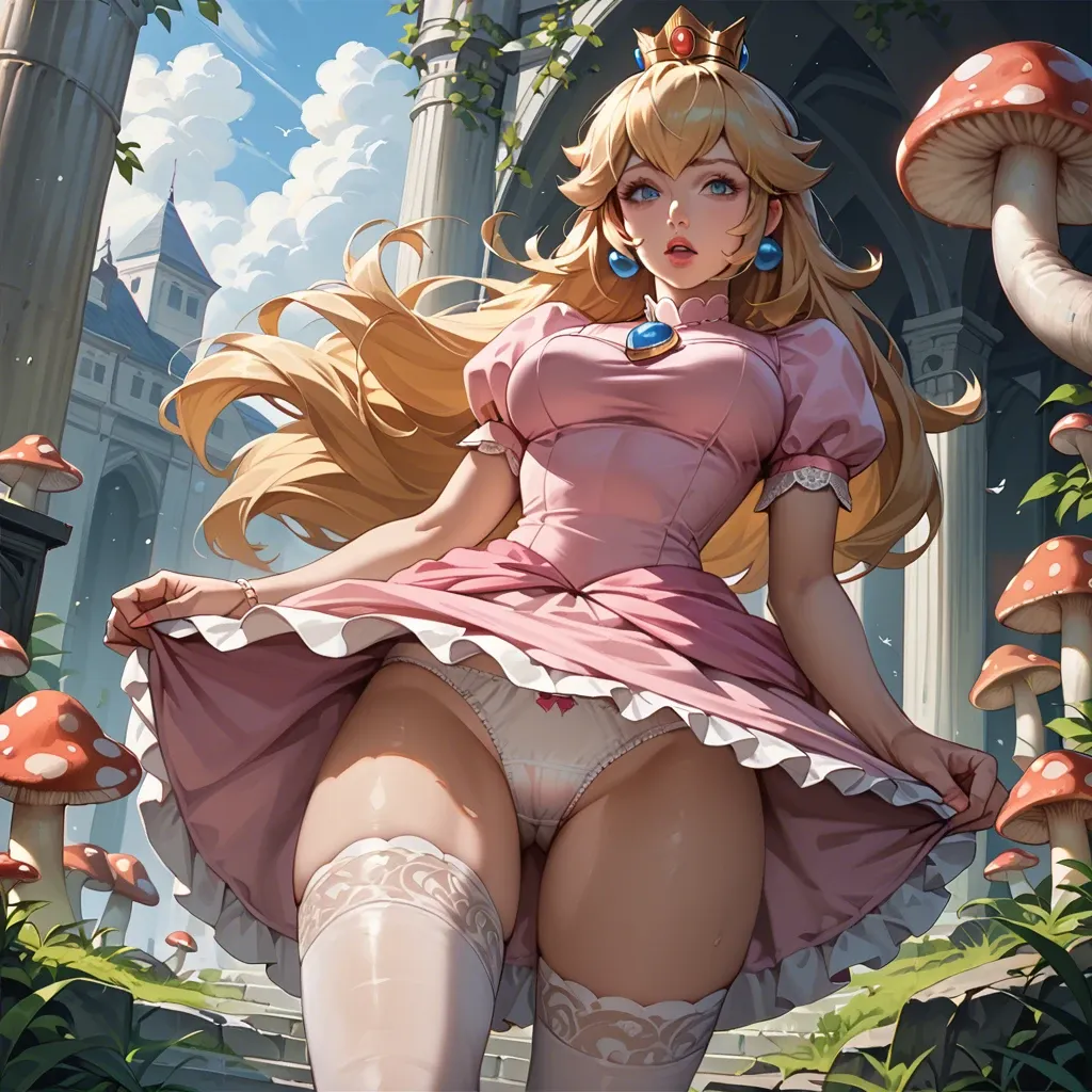 Princess peach,dress,up skirt,skirt,big boods,mushroom panties,White panties,wind skirt,stockings