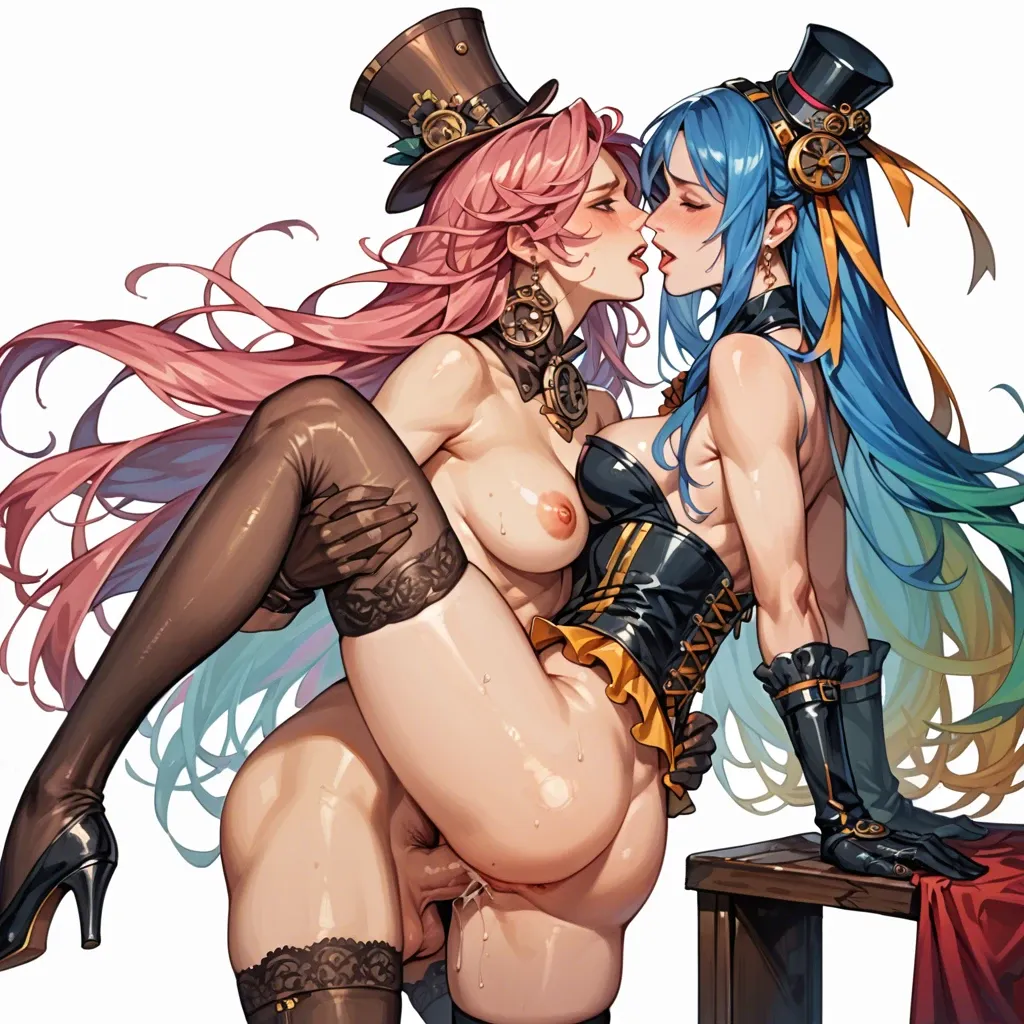 Girl with shemale, lesbian sex, futa, sexy steampunk wear, stockings, beautiful very long colorful hair, pussy fucking, sex, holding legs up