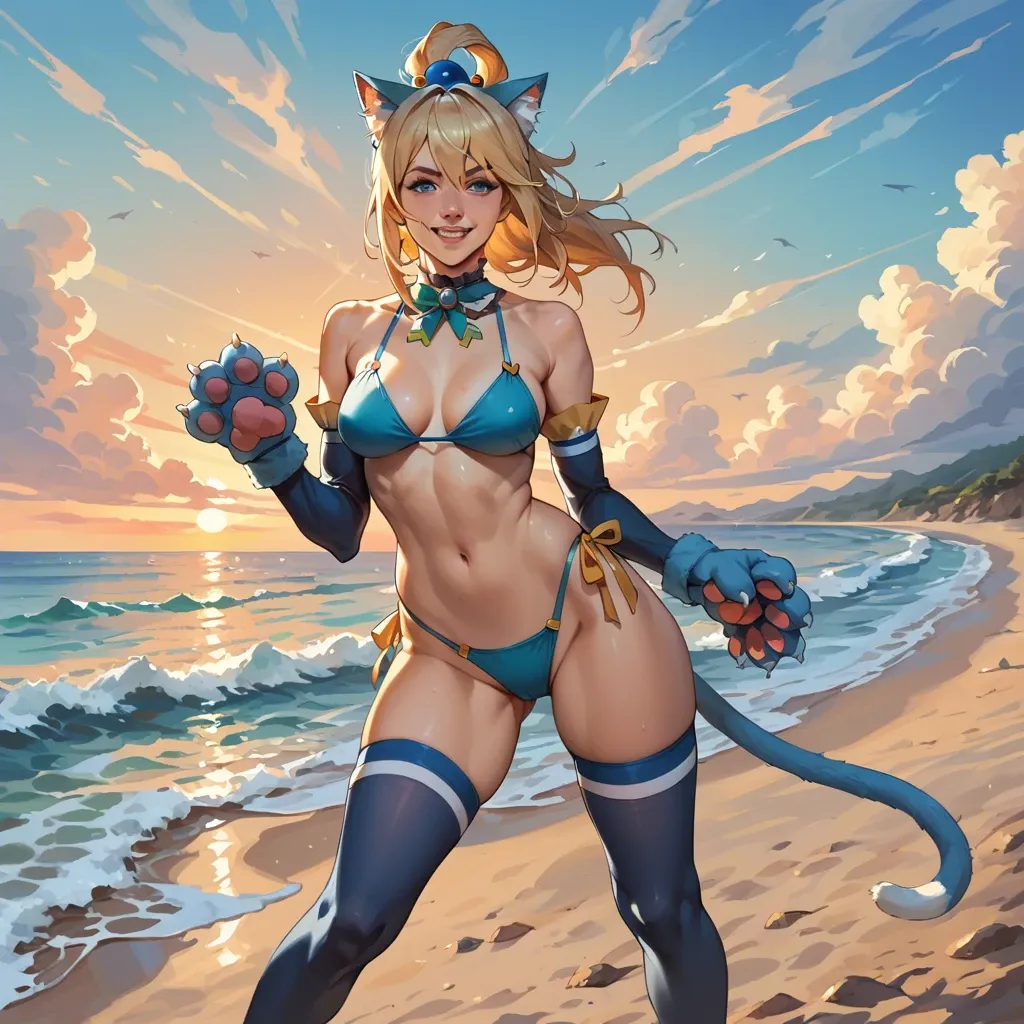 Aqua from konosuba, mischievous look, innocent smile, cat ears, cat paw gloves, cat tail, dressed in blue bikini and stockings, showing her belly button, standing  paws up, on the beach, sunset, play of shadows, beautiful lighting, subtle pastel tones, 8k