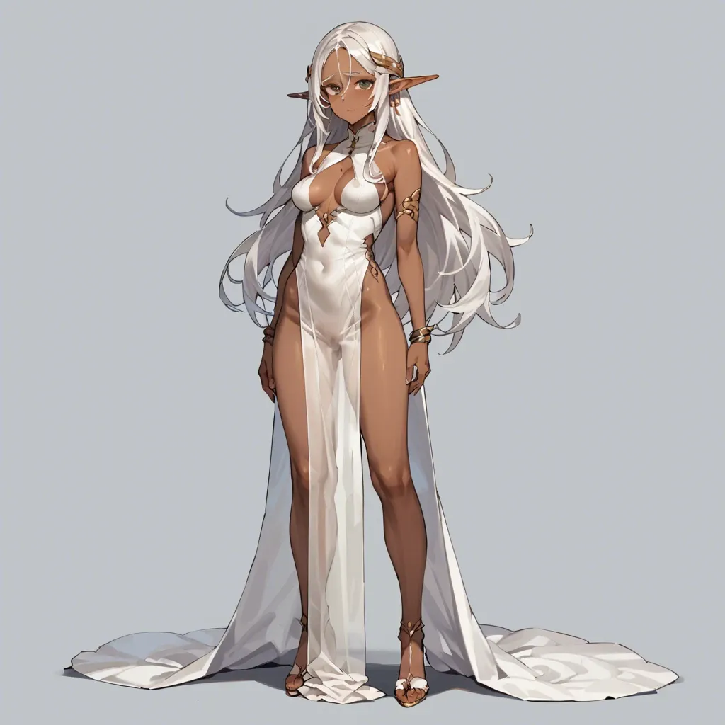 Dark elf girl, beautiful, dark skin, skin, white long hair, big eyes, full height, big boobs, kawai, adorable