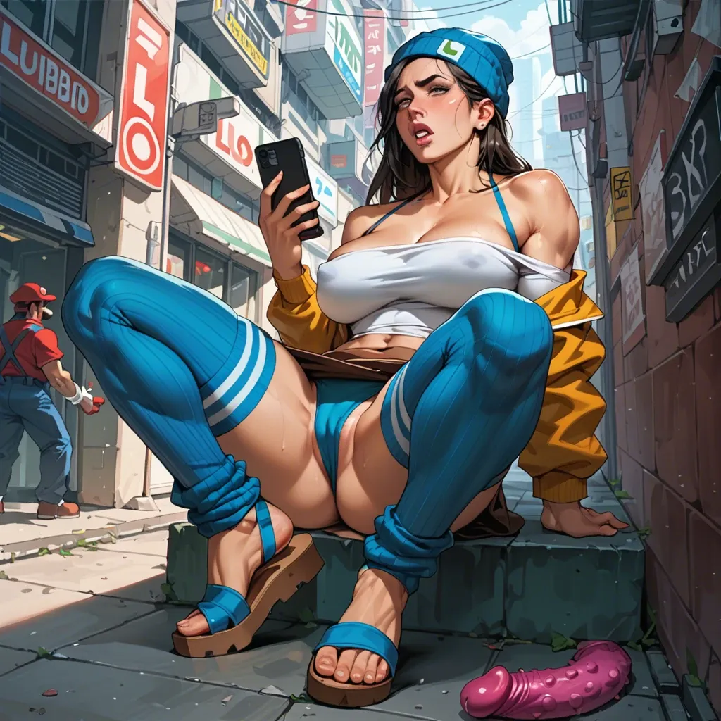 1girl,solo, , , , bubble in nose,leg warmers,large breast,love handles,off shoulders, brown skirt,blue stockings,beanie,white panties,sandals, bara, cyberpunk, multiple dildos, phone exposure, mario and luigi, wonder woman, waifu