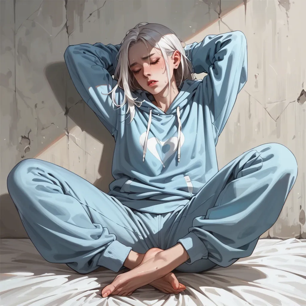 demon girl, soft blue skin, fluffy white hair, oversized hoodie, sweatpants, sitting down, legs spread, closed eyes, arms behind head