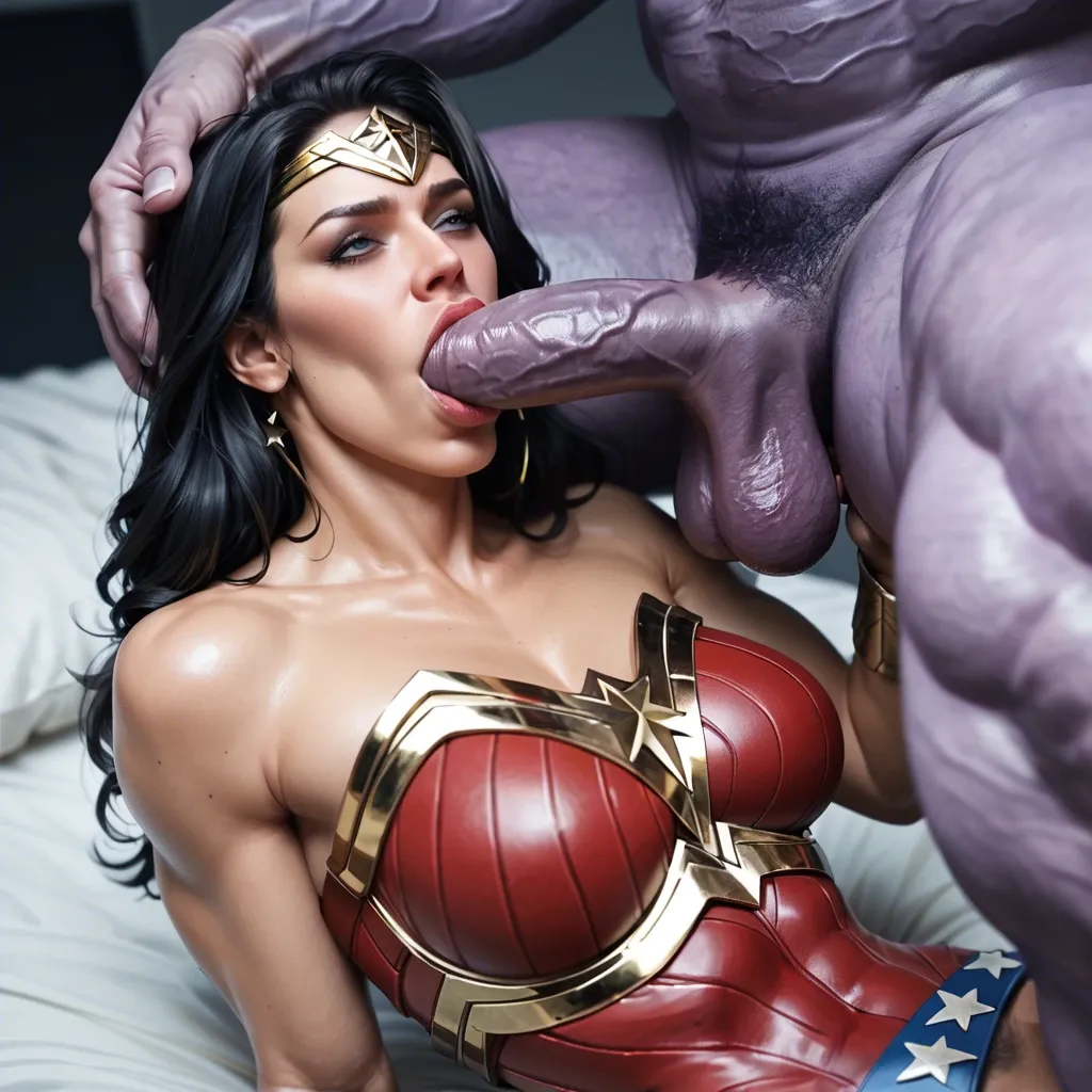 Whore Jennifer Lawrence, in Wonder Woman Clothes, sits on her knees and sucks Thanos' dick, 69, balls touching lips, under massage bed, forcibly blowjob, hardcore throat fucking, top shot, eye contact.