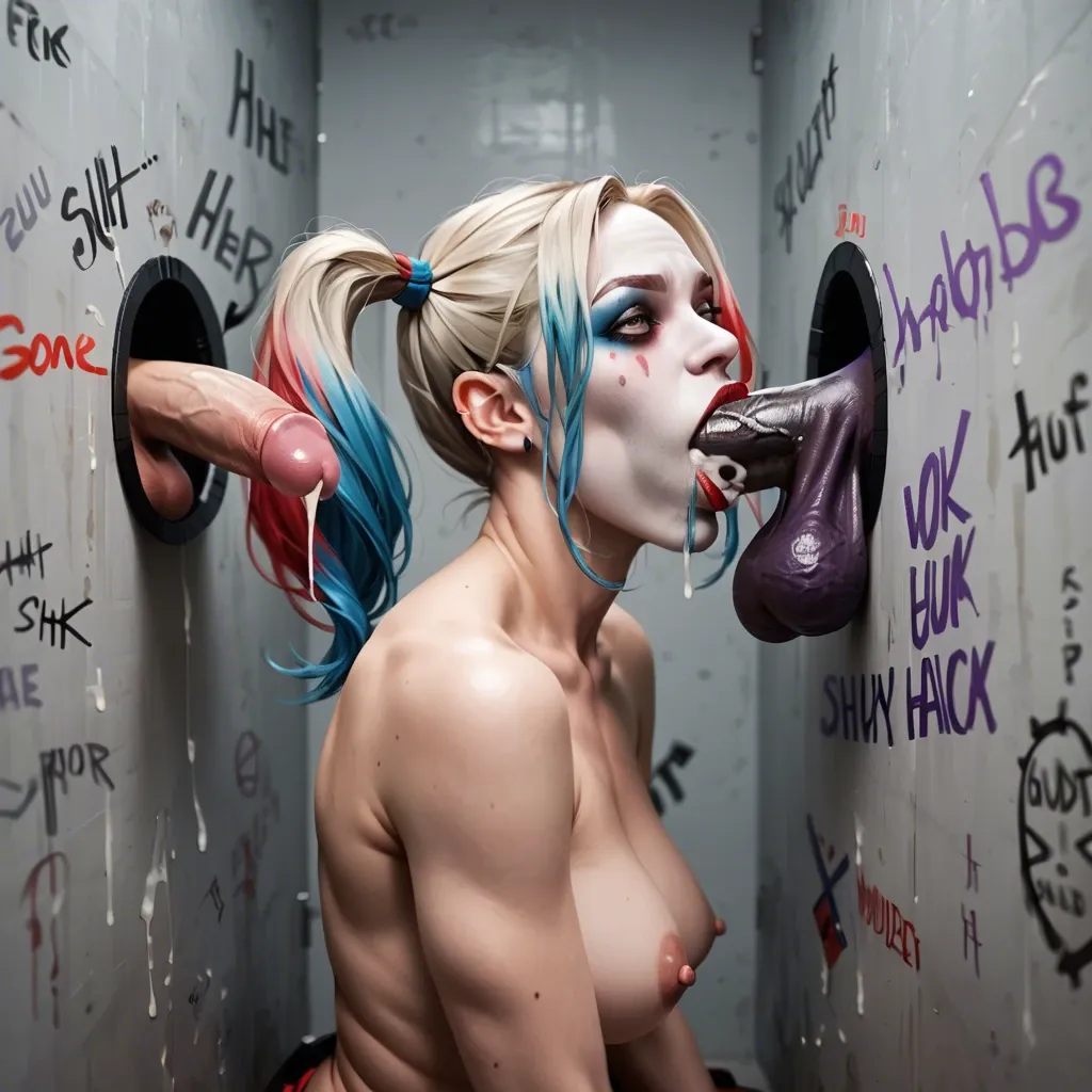 Whore Harley Quinn, sits on her knees and sucks Thanos's dick, 69, balls touching lips, glory hole, forcibly blowjob, creampie, hardcore throat fucking, top shot, eye contact.