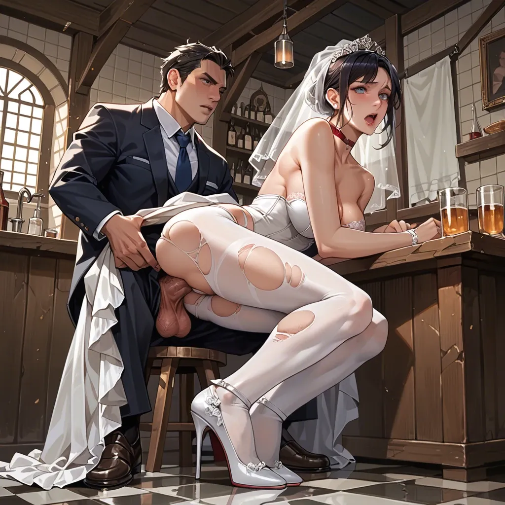 1girl,1boy, , , , molest,wrists bound,nipple,high waisted,wide shoulders, wedding dress,torn pantyhose,red choker,lace thong,heels, bathroom, sparkling, tavern setting, detailed balls, dark blue eyes, princess zelda, spider-gwen, rapunzel waifu