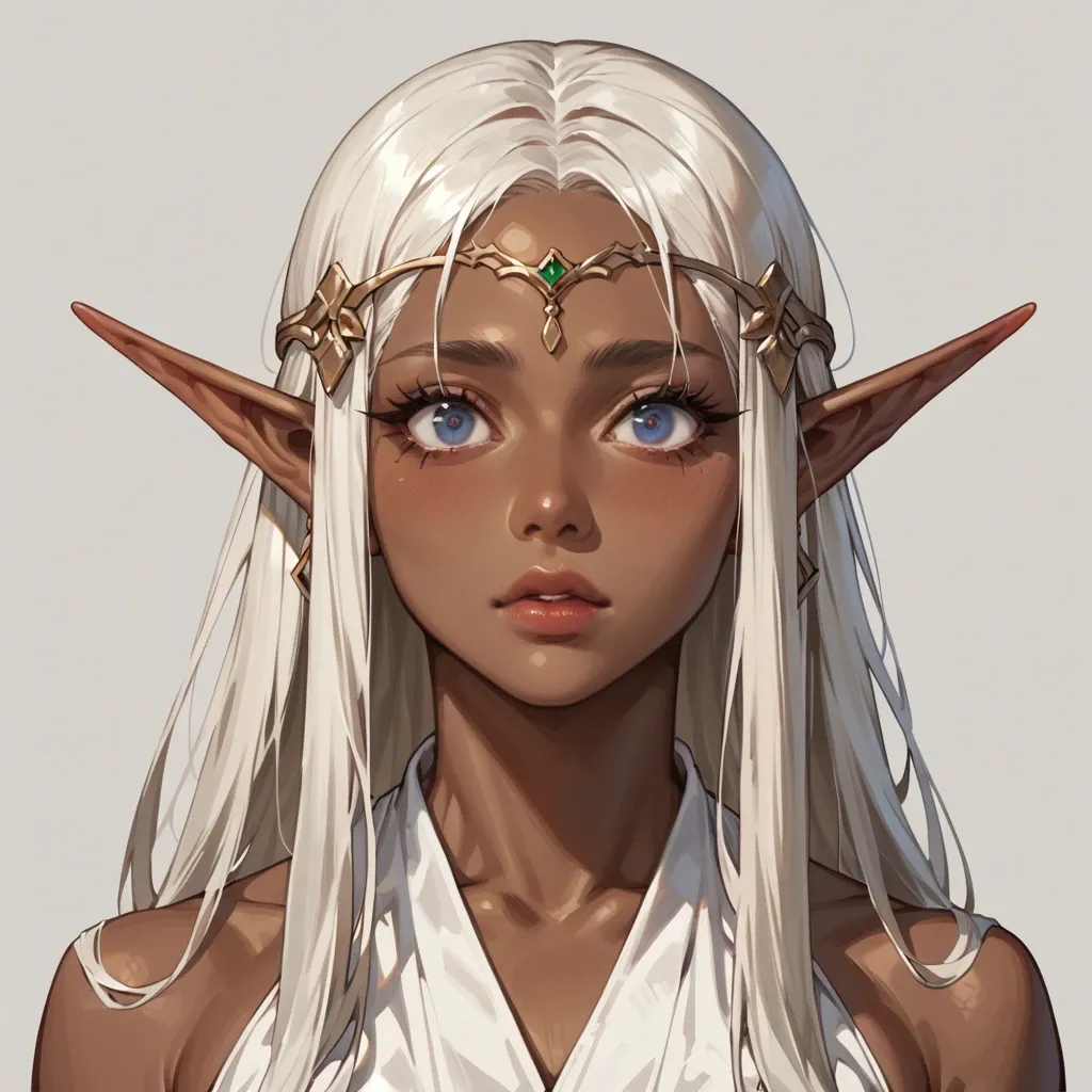 Dark elf girl, beautiful, dark skin, skin, white long hair, big eyes, full height, big boobs, kawai, adorable, portrait