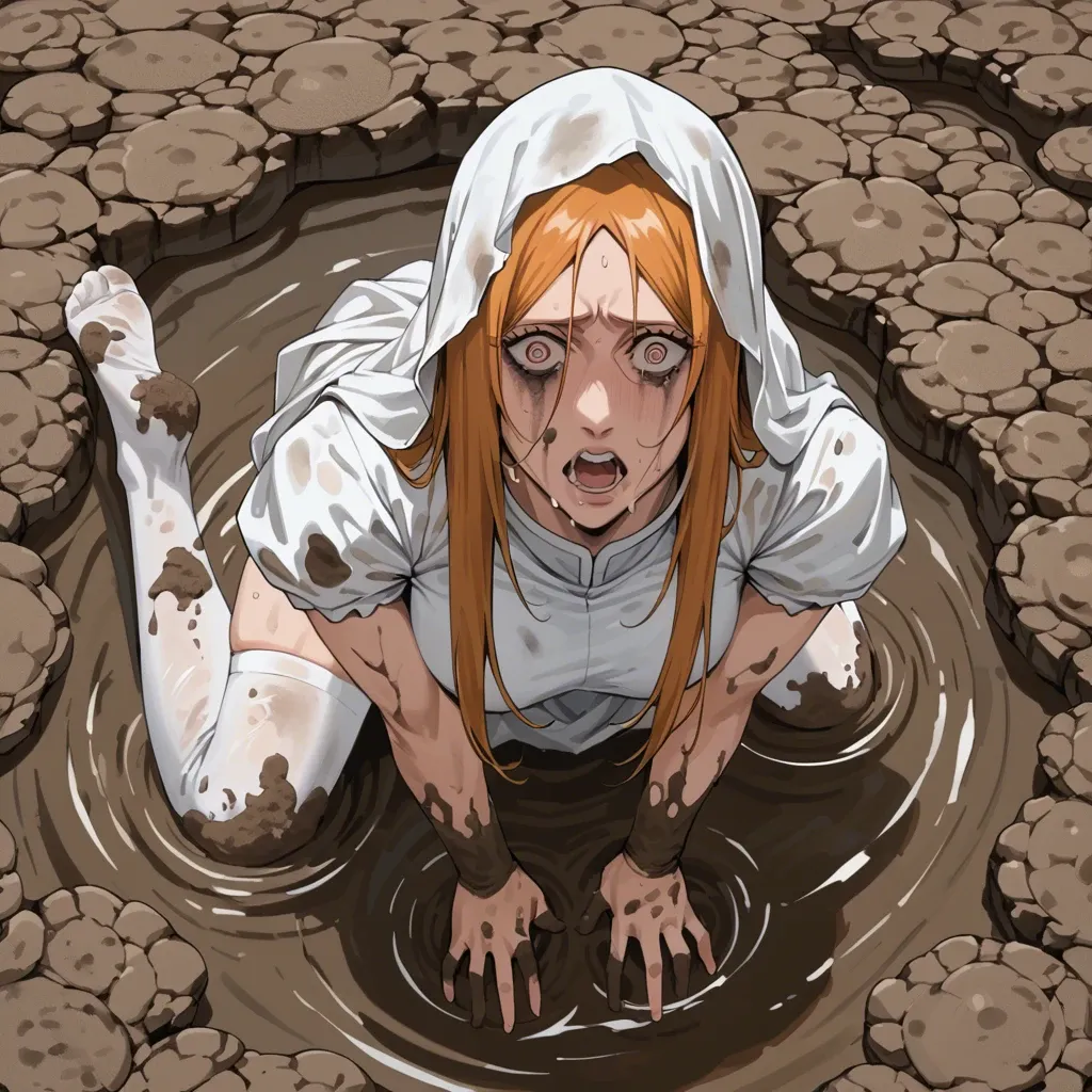 1girl, solo, (Character Orihime inoue from bleach), (perfect face), perfect eyes, fear, in a white dress, white stockings, sinking in the mud, sweamp, dirt