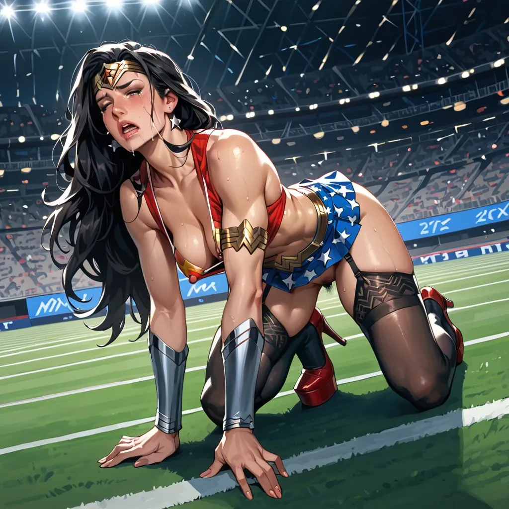 Wonder woman, anime, crying, timid face, micro skirt, garter belt, black high socks,  red platform high heels, nipple piercings, clitoris piercing, pubic hair,  on fours, in a stadium, micro tank top, big metalic spiked anal spreaders, gape, squirting, orgasm, view from back,