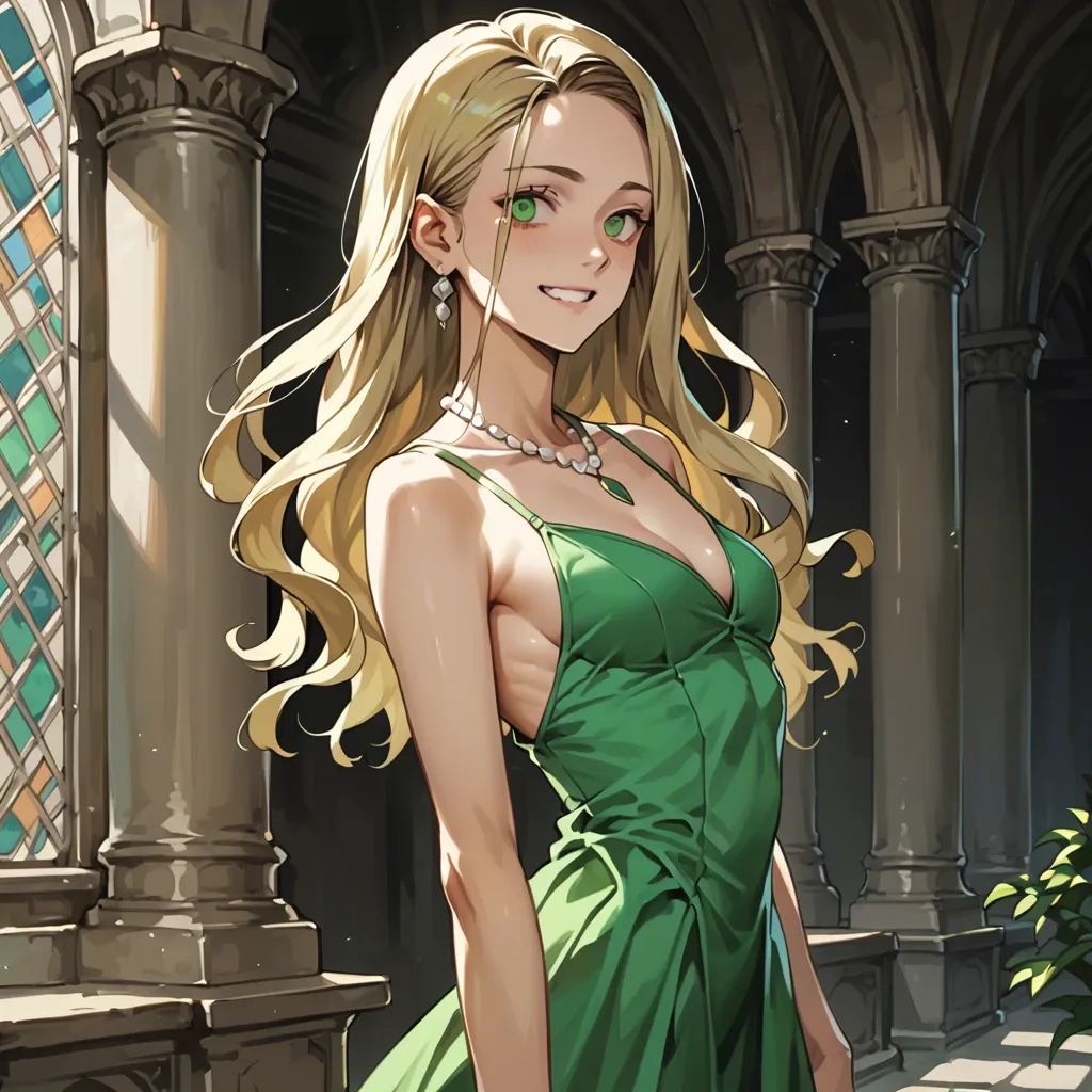 1girl, solo, (Character kamado tanjiro), (perfect face: 1,1), green eyes, blonde, skinny, smile, green dress, necklace, (in an expensive castle), aristocrats, manga style, side view