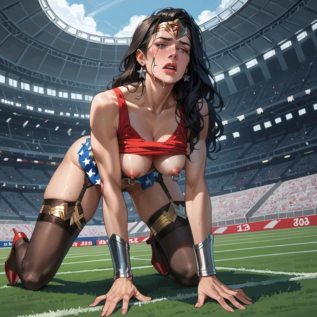 Wonder woman, anime, crying, timid face, micro skirt, garter belt, black high socks,  red platform high heels, nipple piercings, clitoris piercing, pubic hair,  on fours, in a stadium, red micro tank top, big metalic spiked anal spreaders, collar leash, gape, squirting, orgasm,