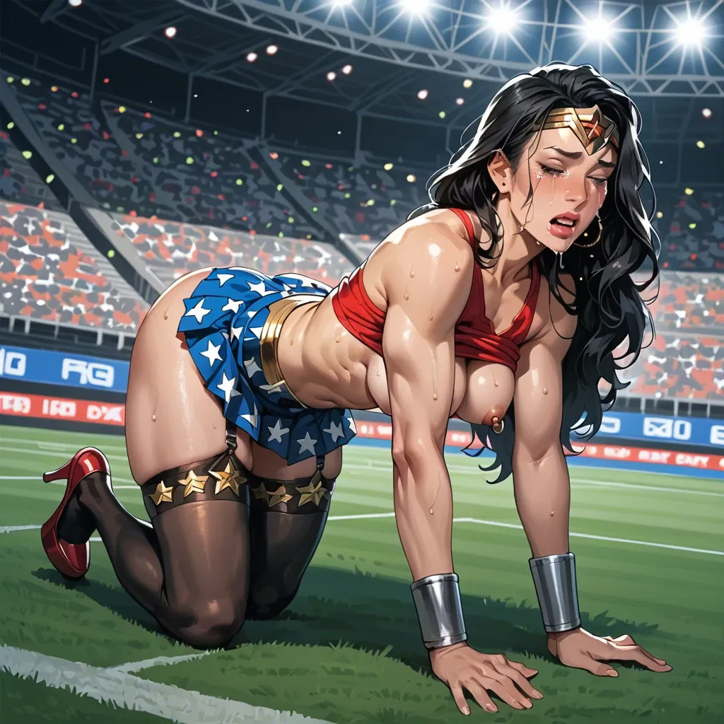 Wonder woman, anime, crying, timid face, micro skirt, garter belt, black high socks,  red platform high heels, nipple piercings, clitoris piercing, pubic hair,  on fours, in a stadium, micro tank top, big metalic spiked anal spreaders, gape, squirting, orgasm, view from back,