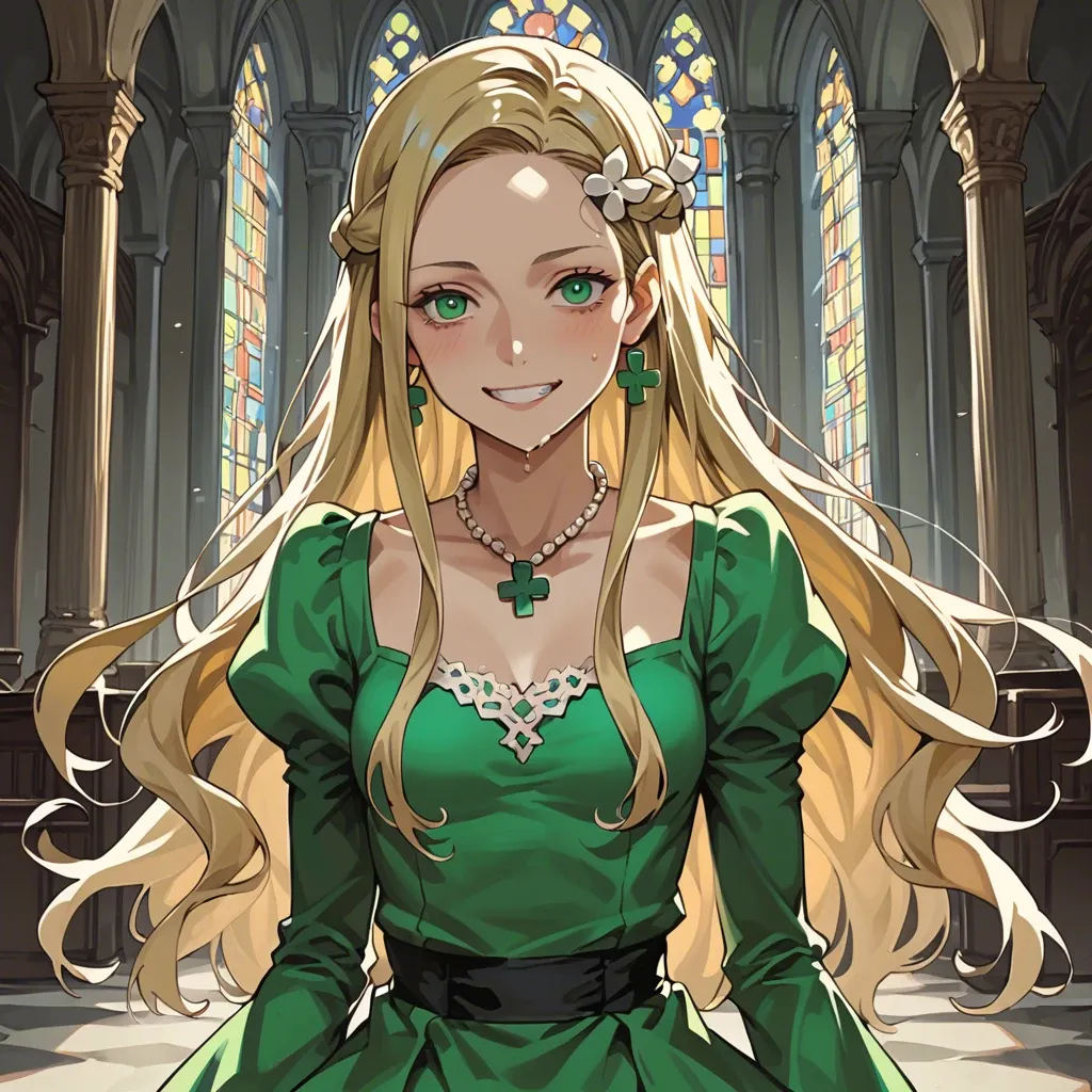 1girl, solo, (Character kamado tanjiro), (perfect face: 1,1), green eyes, blonde, skinny, smile, green dress, necklace, (in an expensive castle), aristocrats, manga style