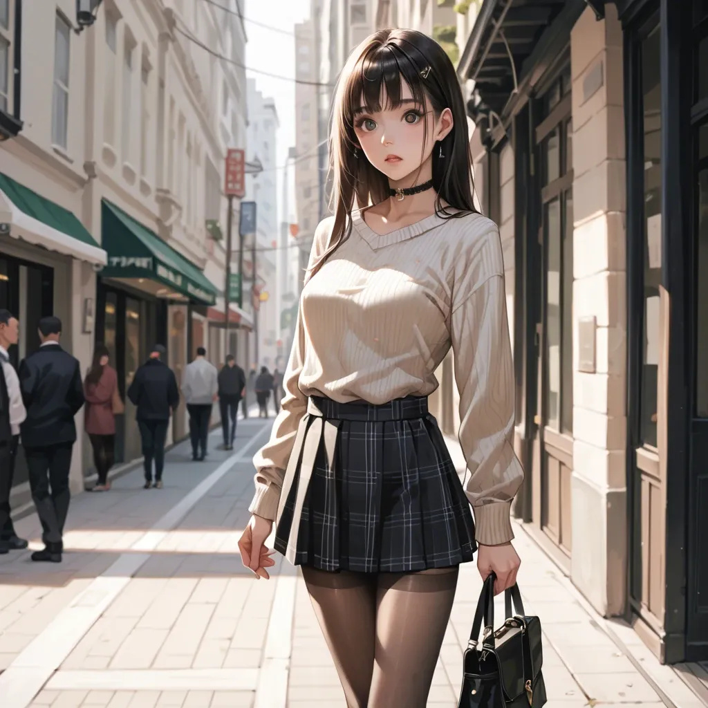 Detailed, high resolution, real, real photo, high quality, petite, big eyes, cute nose, sweater, skirt, pantyhose, choker, hand bag, standing, wide hip, thin legs, thigh gap, whole body