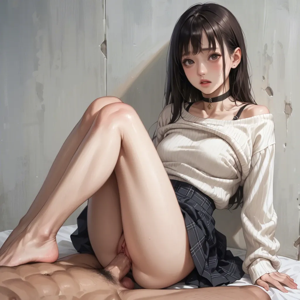 Detailed, high resolution, real, real photo, high quality, skinny, big eyes, cute nose, sweater, skirt, pantyhose, vaginal sex, legs hold, bra, choker, wide hip, thin legs, thigh gap