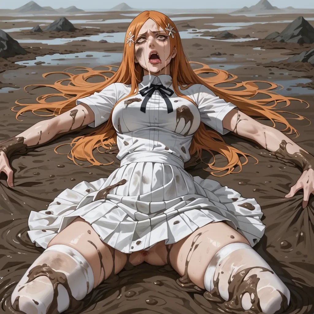 1girl, solo, (Character Orihime inoue from bleach), (perfect face), perfect eyes, fear, in a white shirt  and skirt, white stockings, sinking in the mud, sweamp, dirt