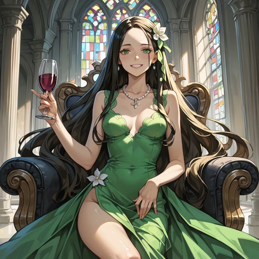 1girl, solo, (Character kamado tanjiro), (perfect face: 1,1), green eyes, blonde, skinny, smile, green dress, white necklace, glass of wine in hand, (in an expensive castle), aristocrats, manga style, side view