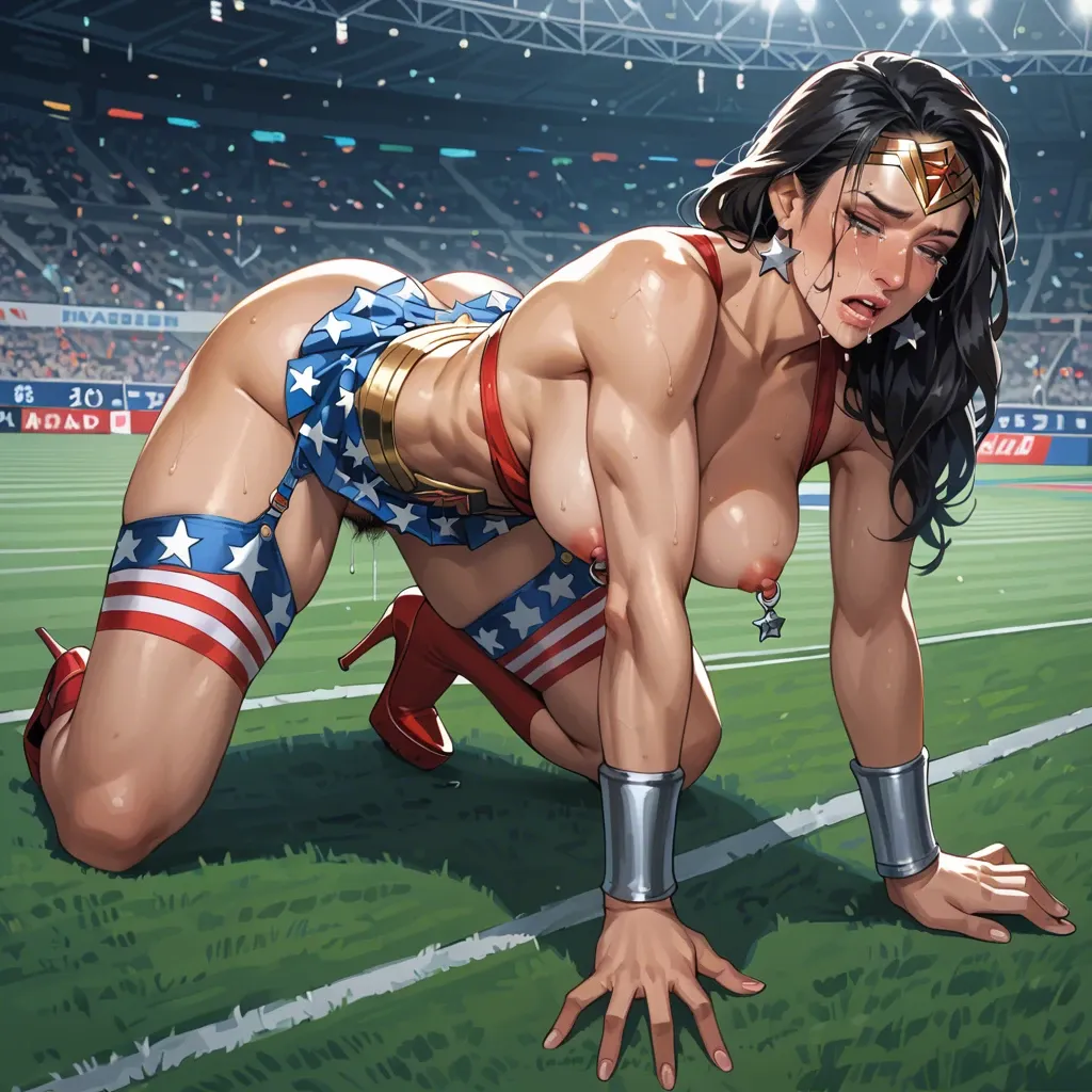 Wonder woman, anime, crying, timid face, micro skirt, garter belt, black high socks,  red platform high heels, nipple piercings, clitoris piercing, pubic hair,  on fours, in a stadium, big metalic spiked anal spreaders, collar leash, gape, squirting, orgasm,