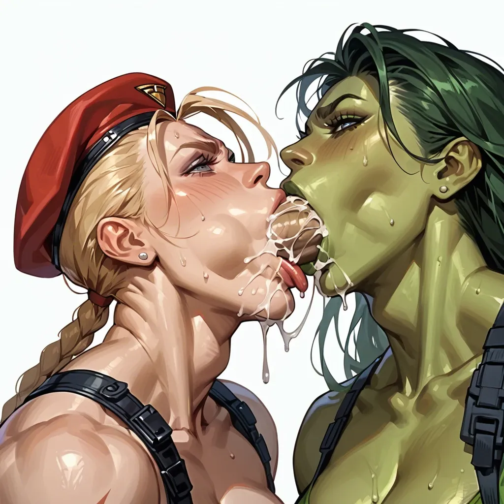 Futa, She-hulk and Cammy, deepthroat hyper dick, tongue on huge balls, throat Stretch,eccessive cum, low Angle, grab, split open legs