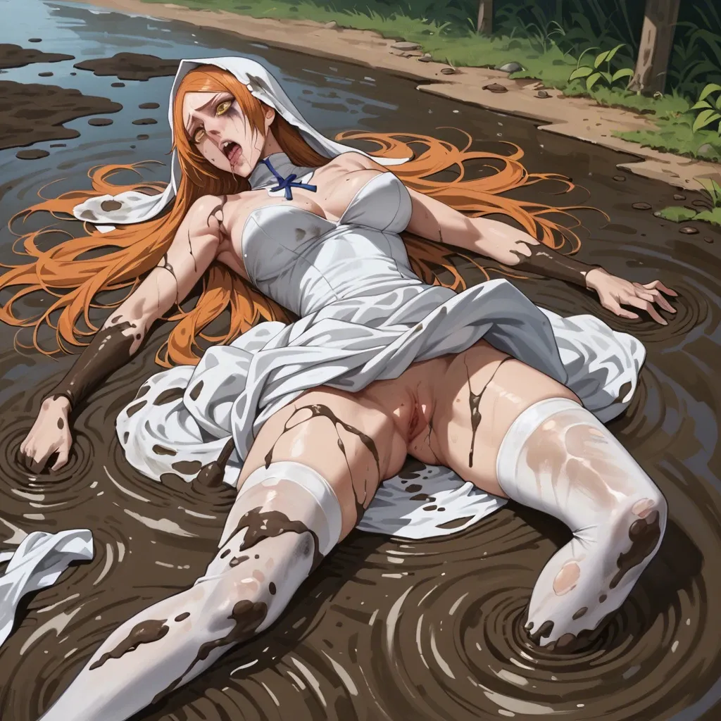 1girl, solo, (Character Orihime inoue from bleach), perfect face, perfect eyes, fear, in a white dress, white stockings, sinking in the mud, sweamp, dirt