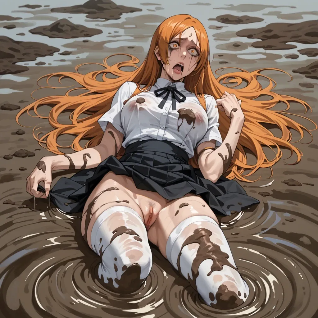 1girl, solo, (Character Orihime inoue from bleach), (perfect face: 1,3), (perfect eyes), fear, in a white shirt  and skirt, white stockings, sinking in the mud, sweamp, dirt