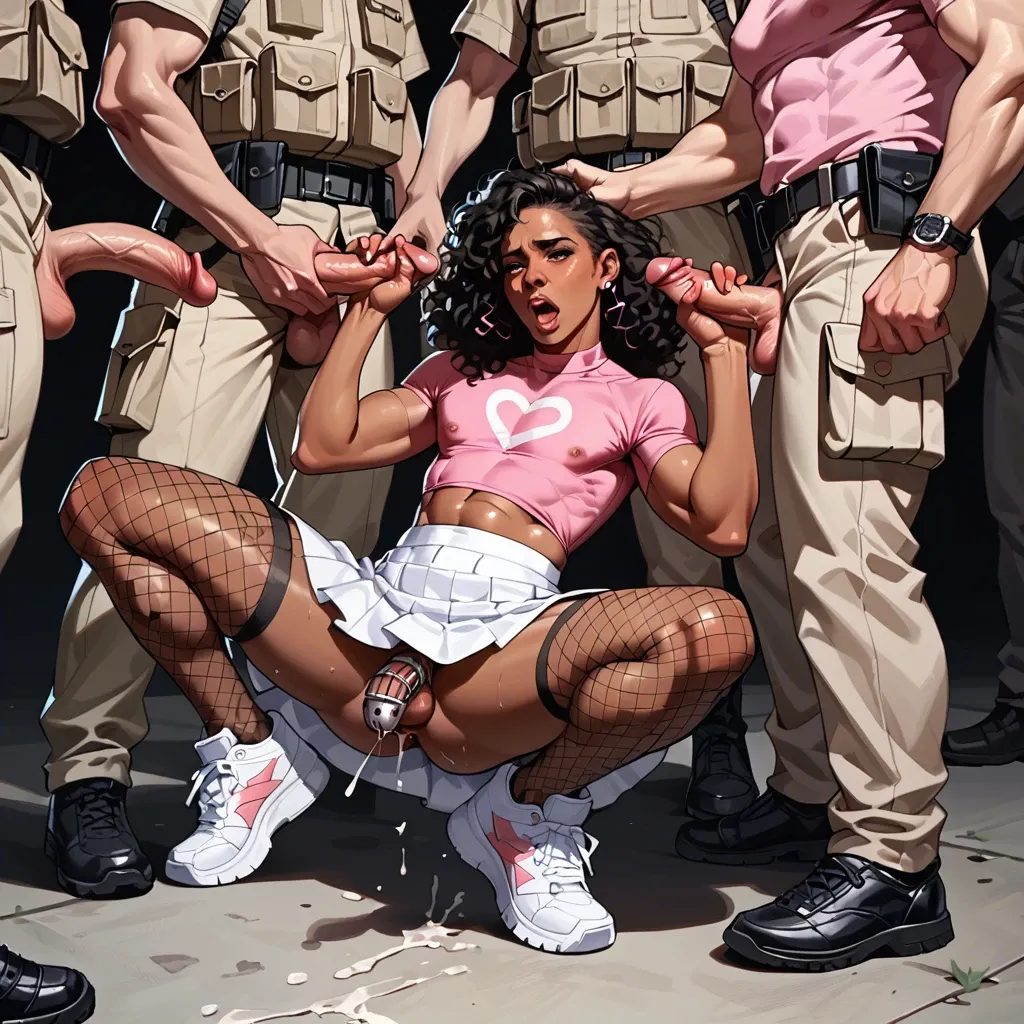 1femboy,anal,chastity cage,long curly hair,belly bulge,white sneakers,dark skin,fishnet leggings,white skirt,pink shirt,hearts,upskirt, public,soldier,group,gangbang,suspended,orgasm,hijab