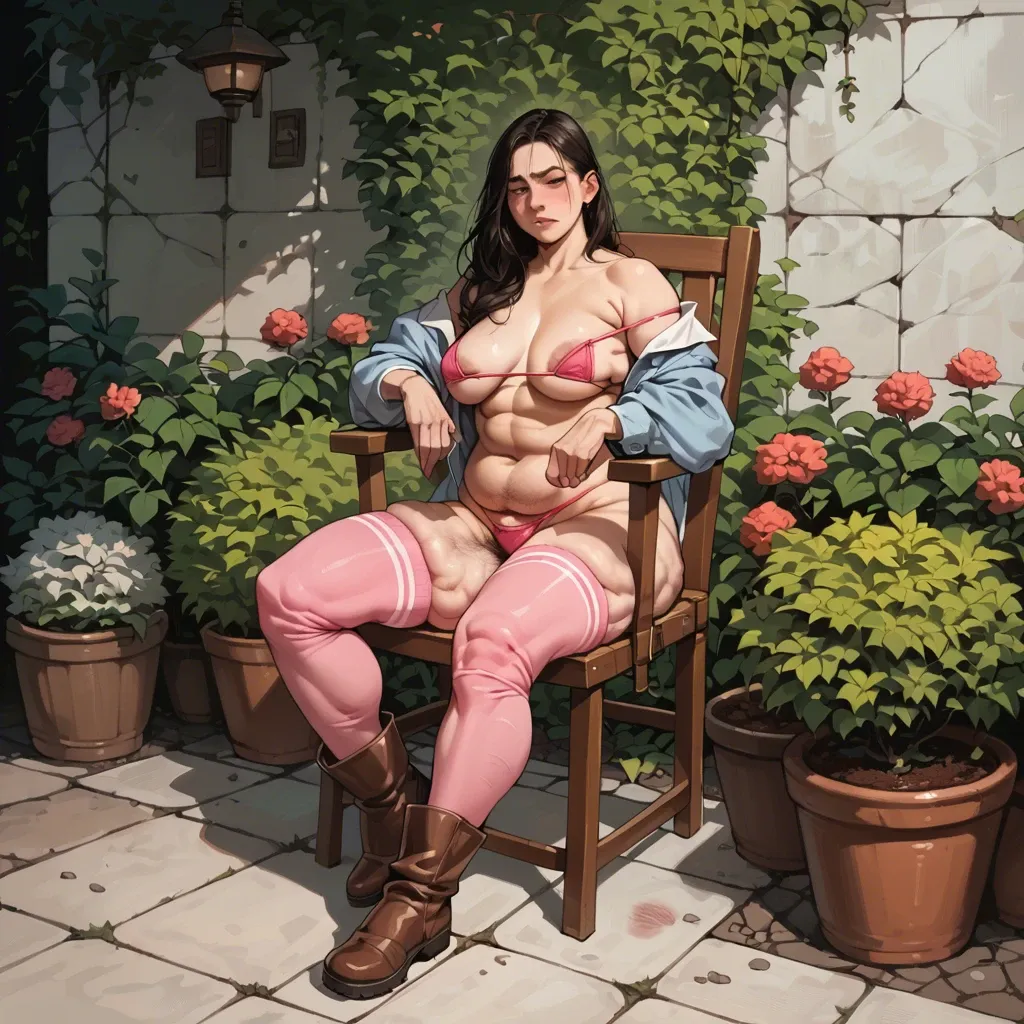 1girl,1boy, , , ,  ,cellulite arms,perky breasts,thin waists,off shoulder,big boobs,,skin hair detail, pink stockings,without panties,without bikini,brown boots, in a garden, chair, anime coloring, on dick, cum on pussy