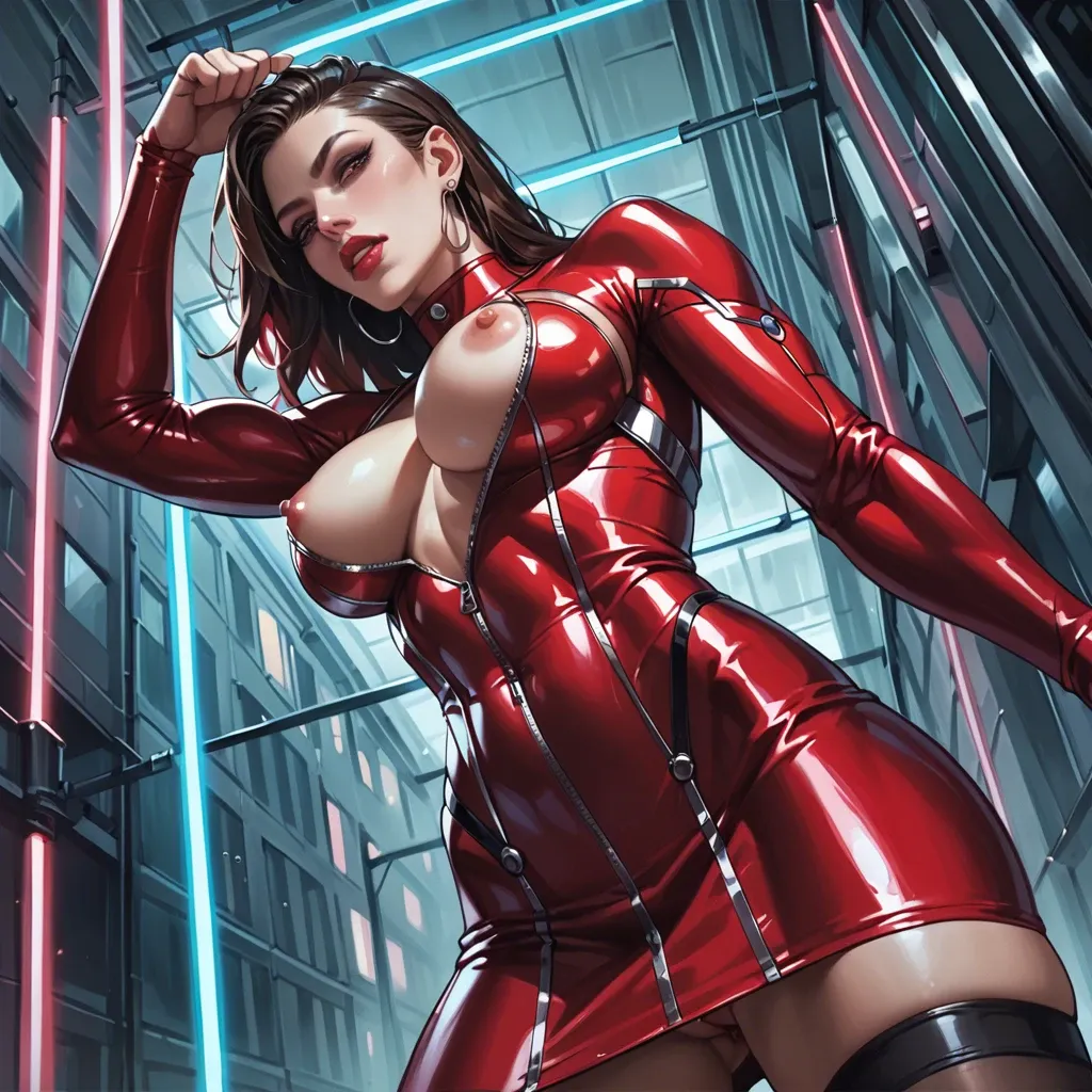 cupless suit, neon nightcity, athletic body, very deep cleavage, tits out, nipples out, big perky round tits, pushup tits, side view from below, upskirt, seductive face, large burgundy closed lips, heavy upper lips, hair braid, vulgarity