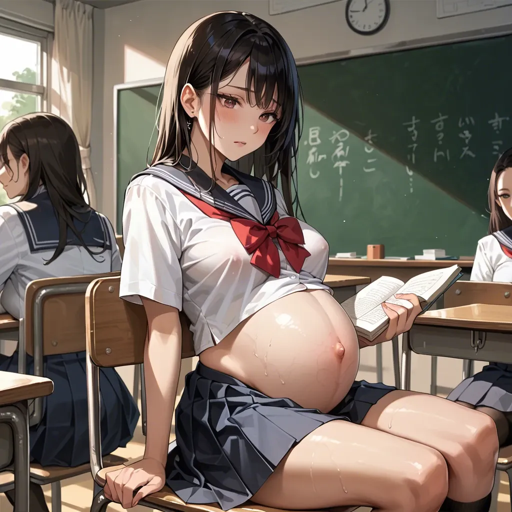 A beautiful and cute girl, cute Japanese, Wearing a school uniform, 9 months pregnant, in the classroom, sitting and studying.