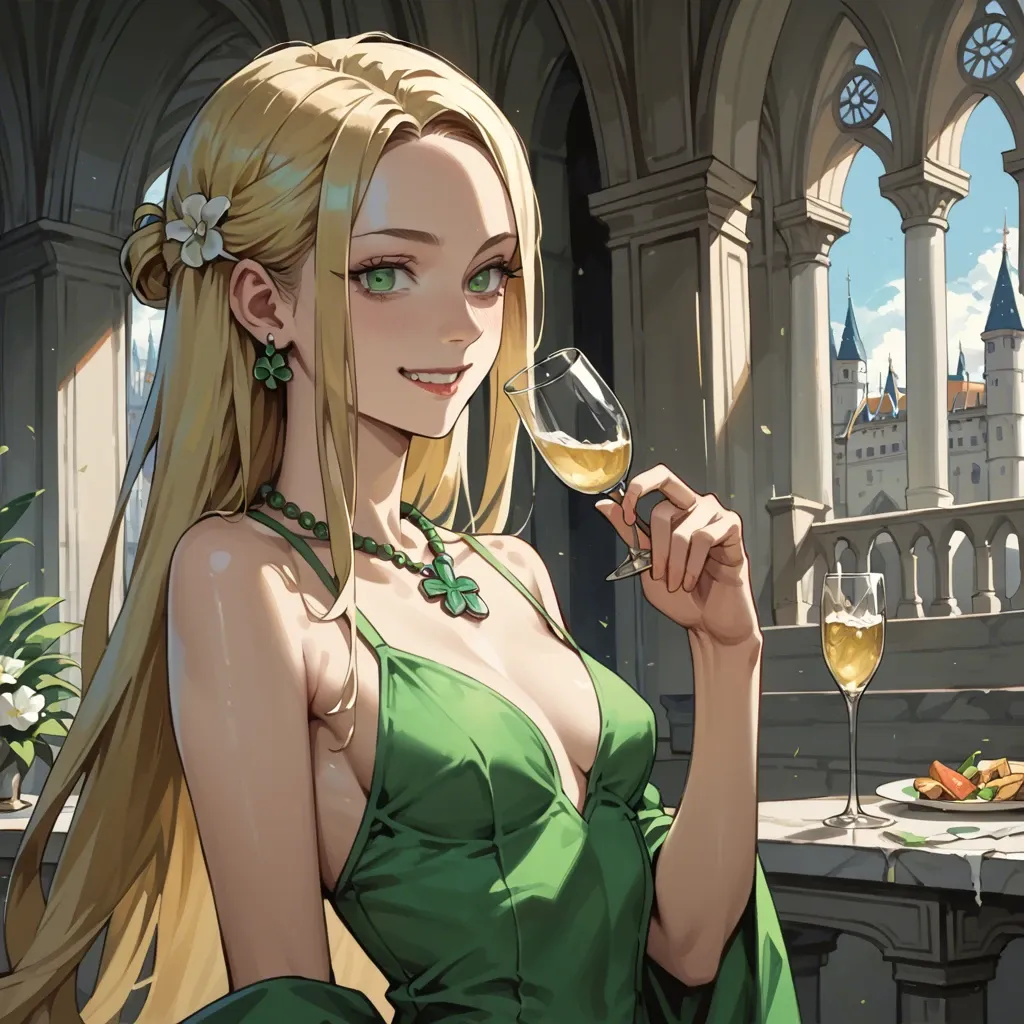 1girl, solo, (Character kamado tanjiro), (perfect face: 1,1), green eyes, blonde, skinny, smile, green dress, necklace, glass in hand, (in an expensive castle), aristocrats, manga style, side view