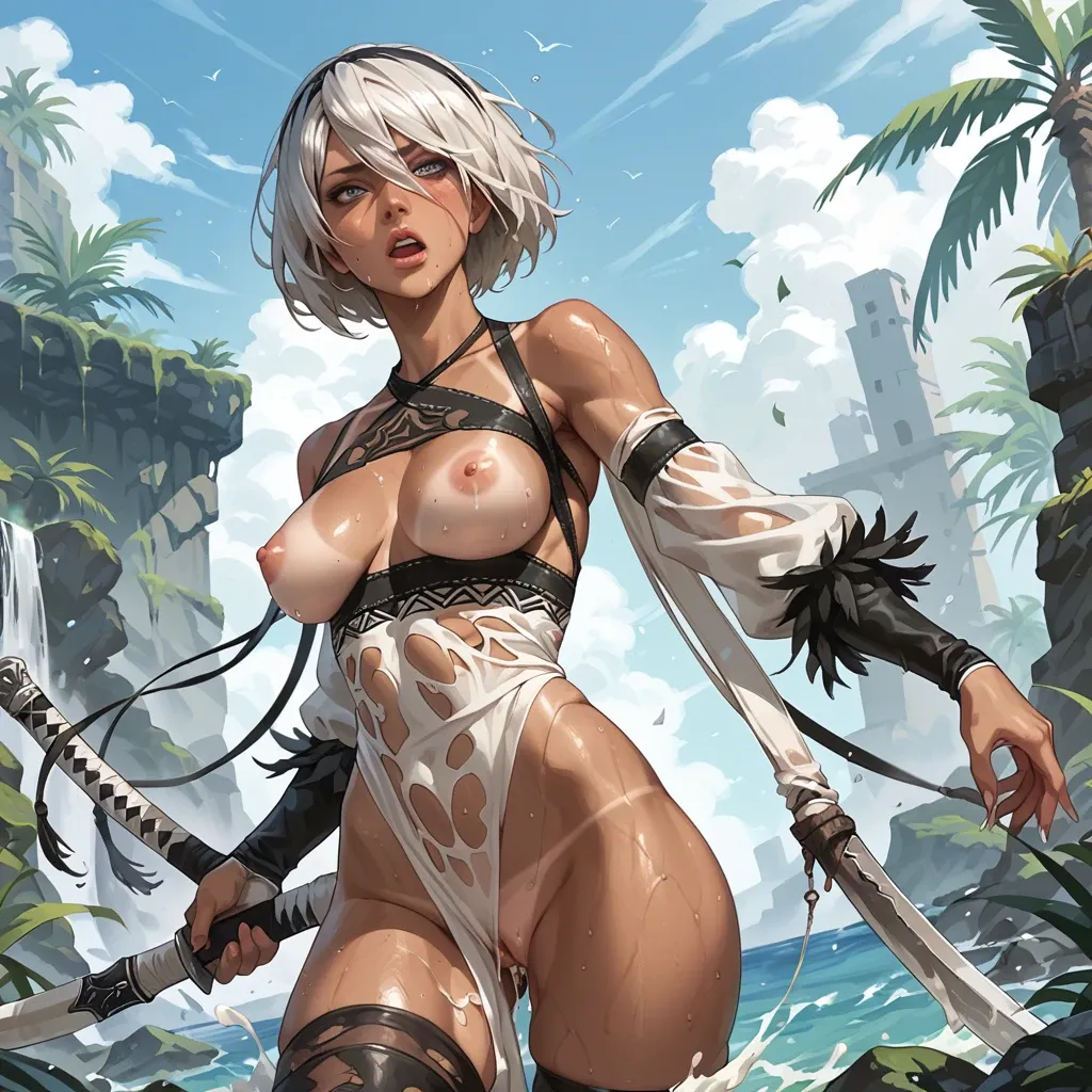 Tribal yorha 2b,tan lines,trial clothes,soaked in cum