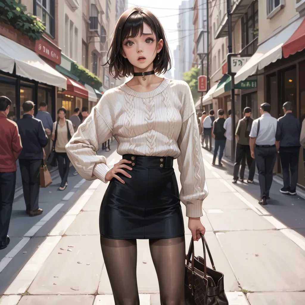 Detailed, high resolution, real, real photo, high quality, skinny, big eyes, cute nose, sweater, skirt, pantyhose, choker, hand bag, wide hip, thin legs, thigh gap, vaginal sex, legs hold