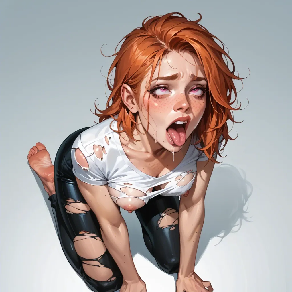 Pink eyes, ahegao, freckles, ginger, on knees, ripped clothes