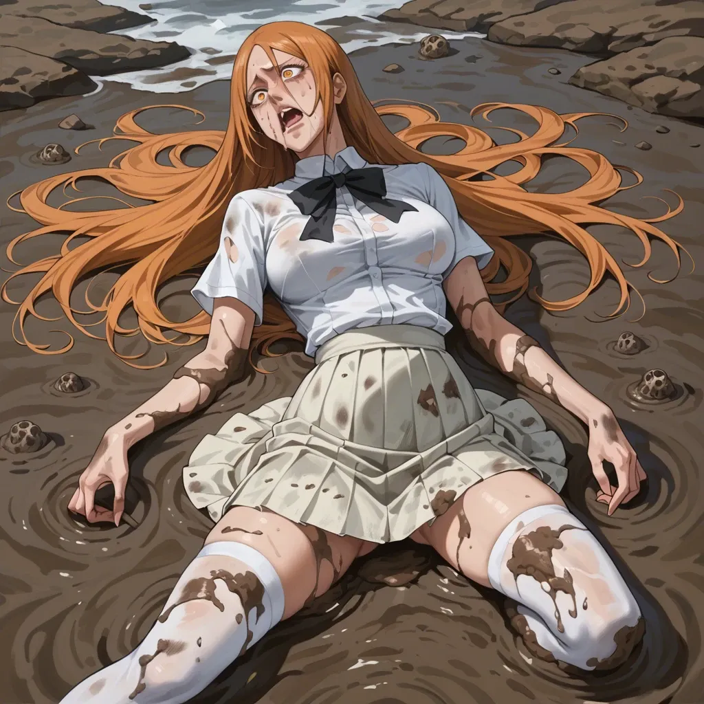 1girl, solo, (Character Orihime inoue from bleach), (perfect face), perfect eyes, fear, in a white shirt  and skirt, white stockings, sinking in the mud, sweamp, dirt