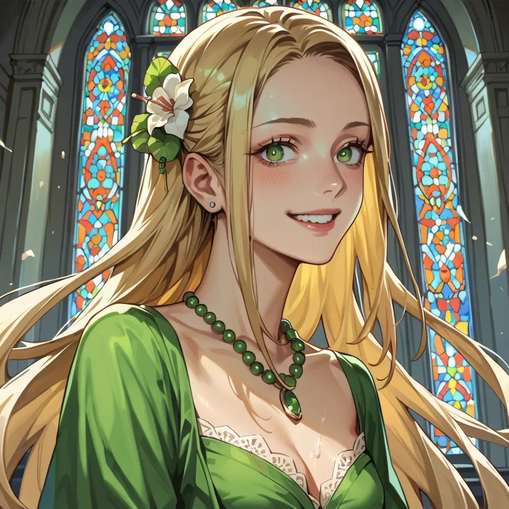 1girl, solo, (Character kamado tanjiro), (perfect face: 1,1), green eyes, blonde, skinny, smile, green dress, necklace, (in an expensive castle), aristocrats, manga style, side view