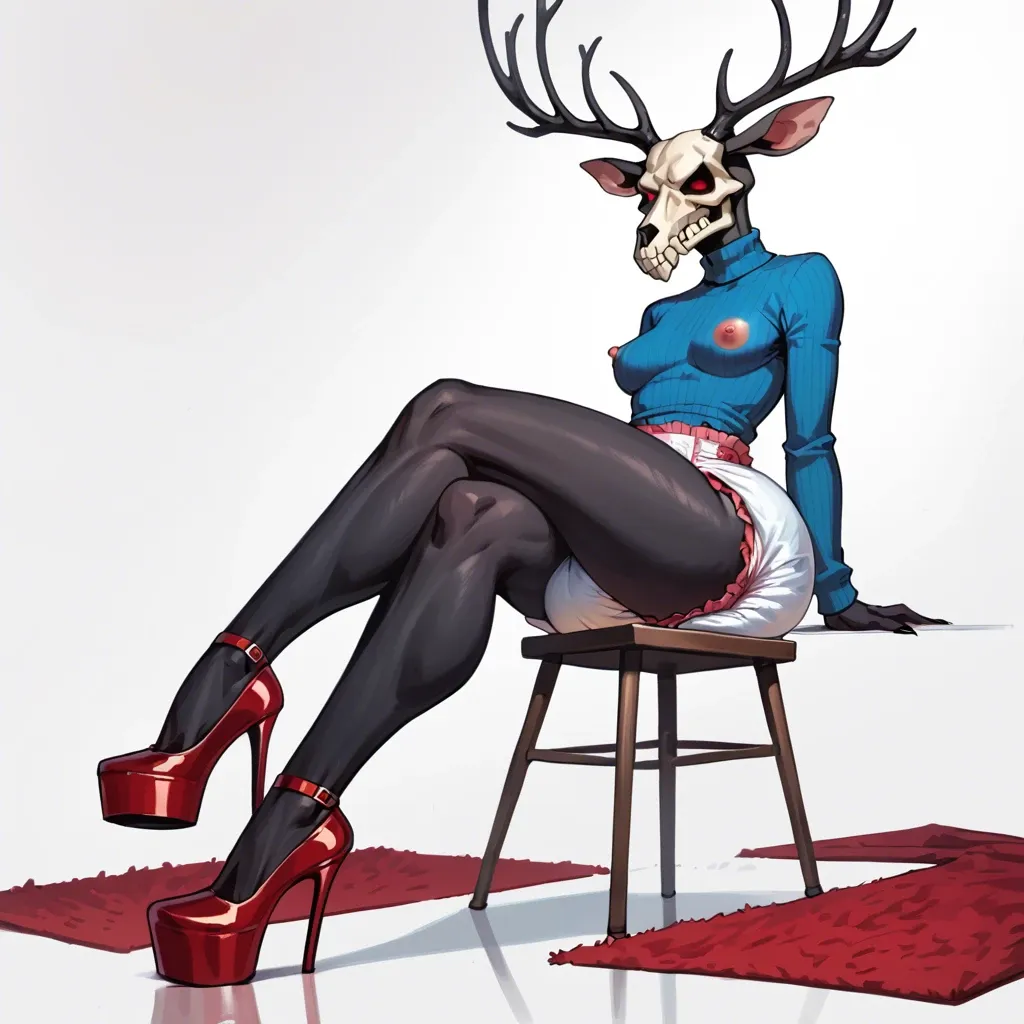 1 girl,solo,,,, wendigo, furry, skull face, wide hips, thick thighs, big ass, long legs, perky tits, flat nipples, black fur, soiled diaper, blue sweater, high heels, proud expression, red velvet carpet, outside tower, camera flashes