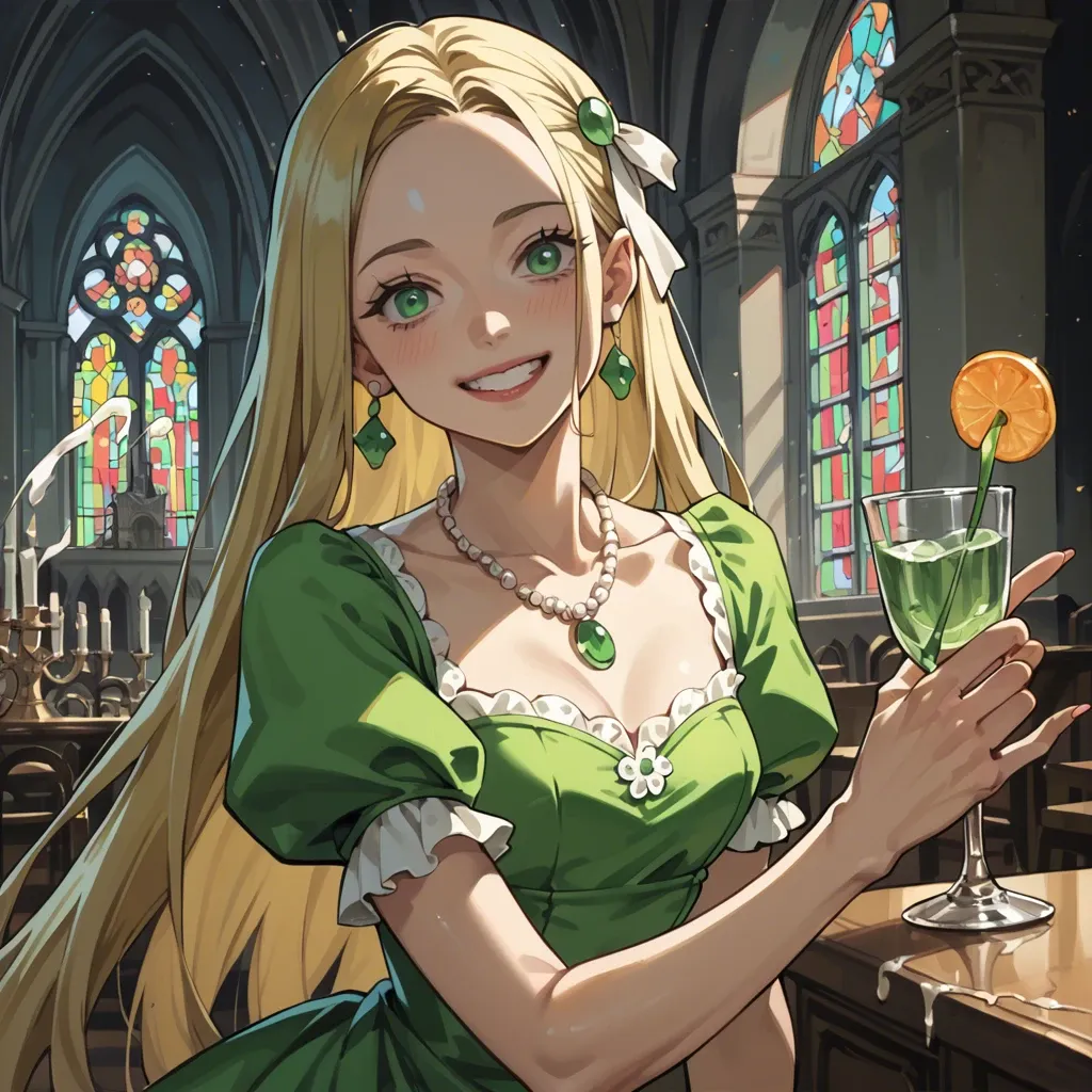 1girl, solo, (Character kamado tanjiro), (perfect face: 1,1), green eyes, blonde, skinny, smile, green dress, white necklace, glass in hand, (in an expensive castle), aristocrats, manga style, side view