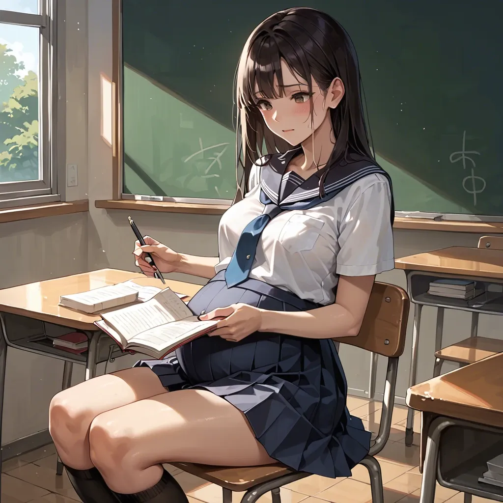 A beautiful and cute girl, cute Japanese, Wearing a school uniform, 9 months pregnant, in the classroom, sitting and studying.