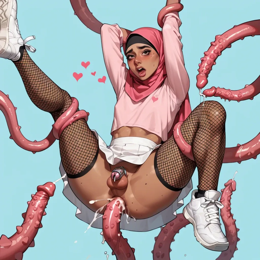 1femboy,anal,chastity cage,long curly hair,belly bulge,white sneakers,dark skin,fishnet leggings,white skirt,pink shirt,hearts,upskirt, spike tentacles,suspended,orgasm,hijab